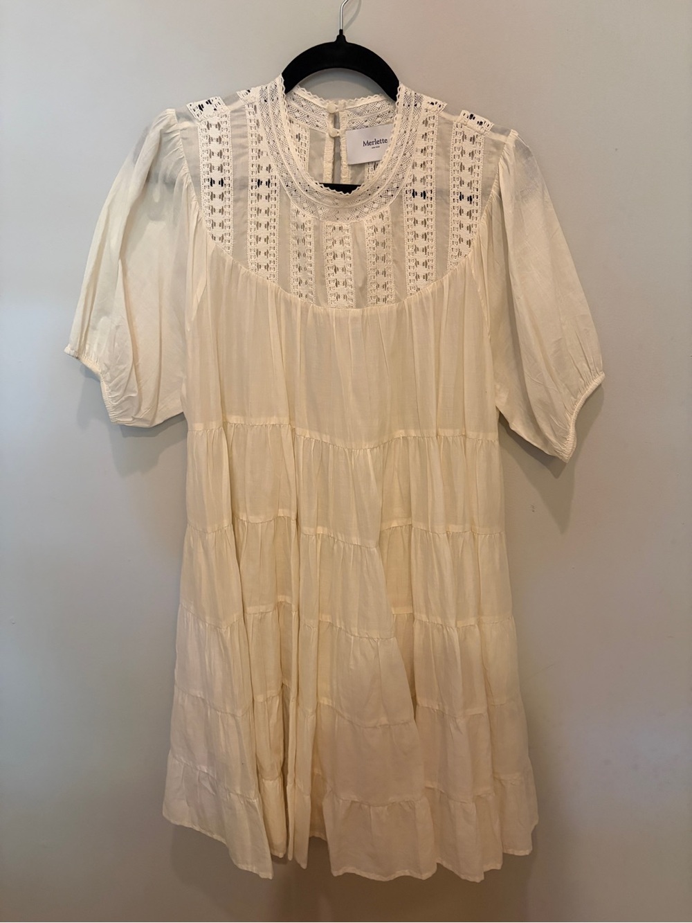 Merlette NY tiered puff sleeve mini dress with lace trim detailing